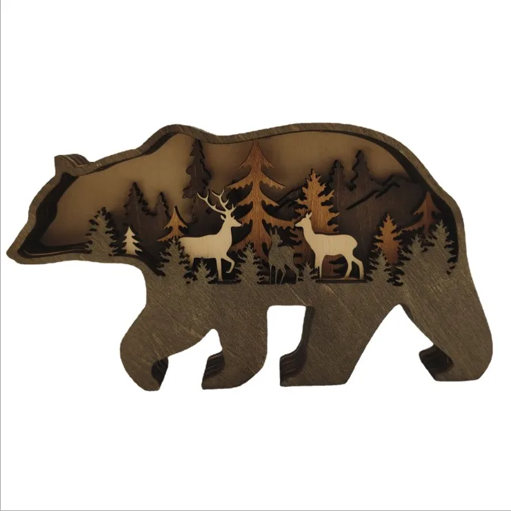 

3D Carving Animal Home Accessories Wood Carving Bear Elk Brown Bear Ornaments DIY Products Wood Craft Forest Animal Decoration