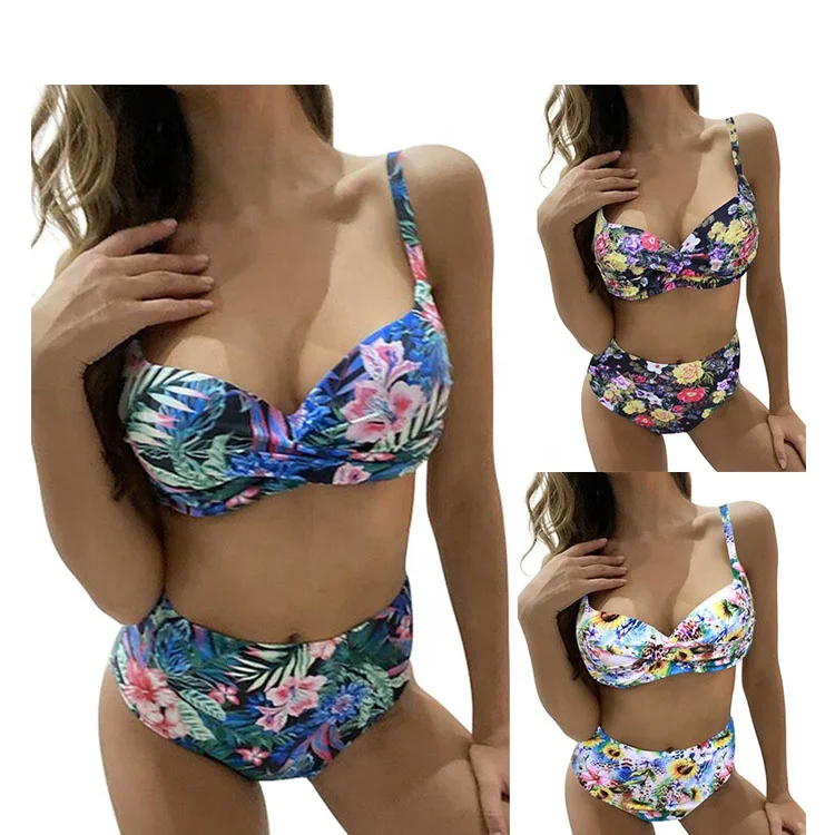 

2021 Highwaist Floral Sexi High Waisted Cut Beachwear Sexy Printed Women Bathing Suit Swimsuit Swimwear Bikini Set