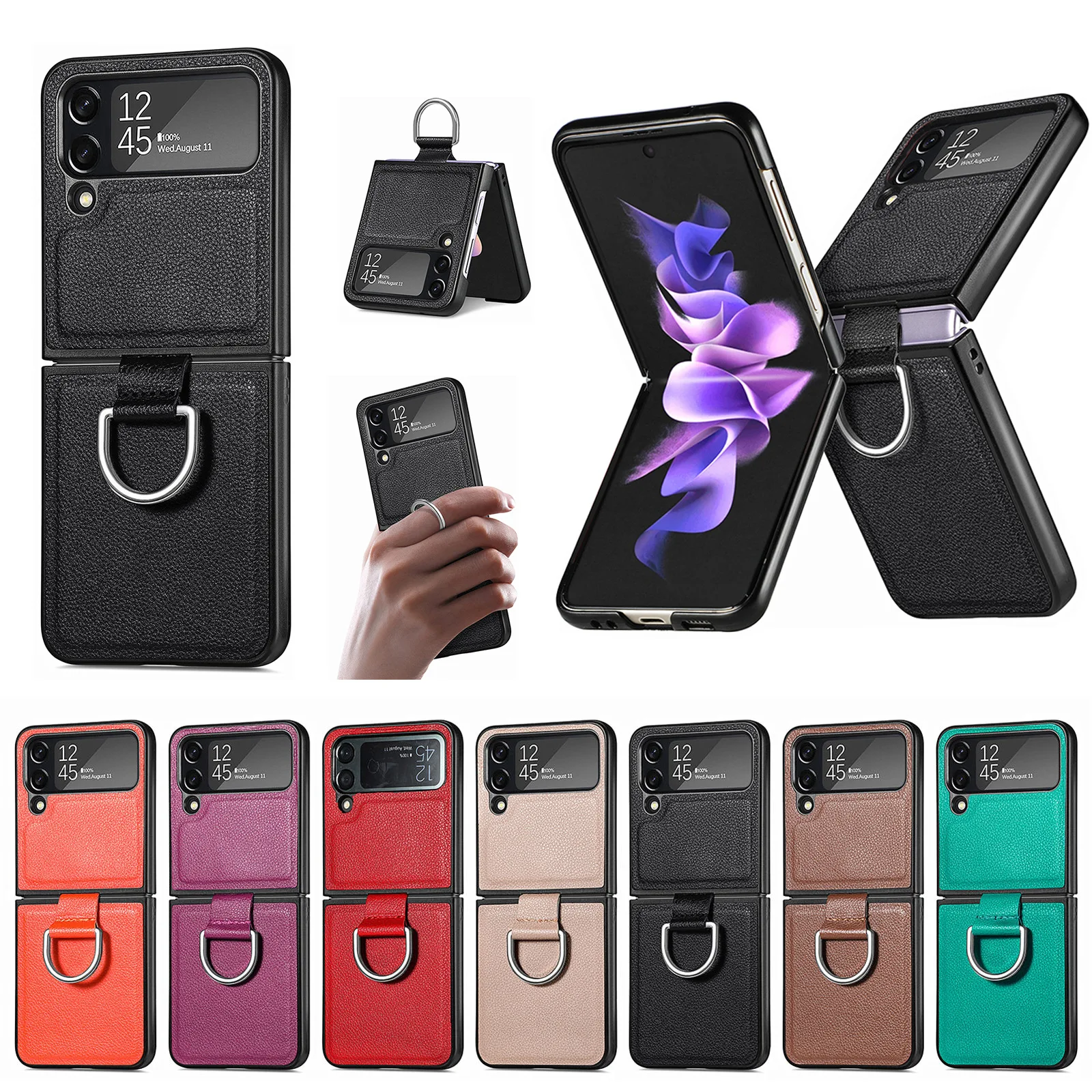 

Non-fingerprint Ring Holder Leather Phone Case for Samsung Galaxy Z Flip 3 Flip 4 Flip 1 Flip 2 5G Anti-knock Folding Cover Case