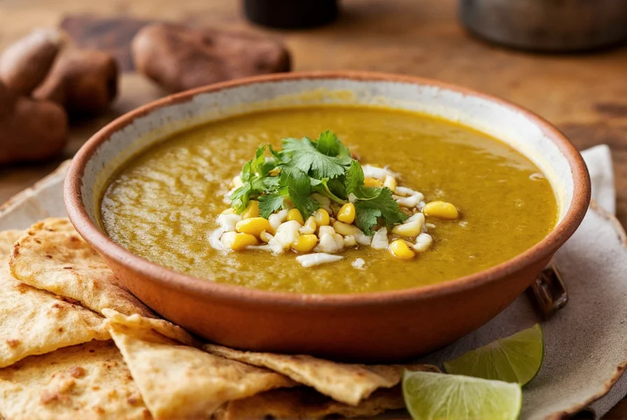 Cremige Poblano Suppe mit geröstetem Mais und Tortillas