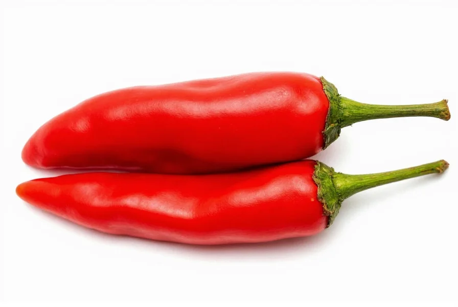 Close-up of fresh cayenne peppers on plant showing slender red pods and green leaves