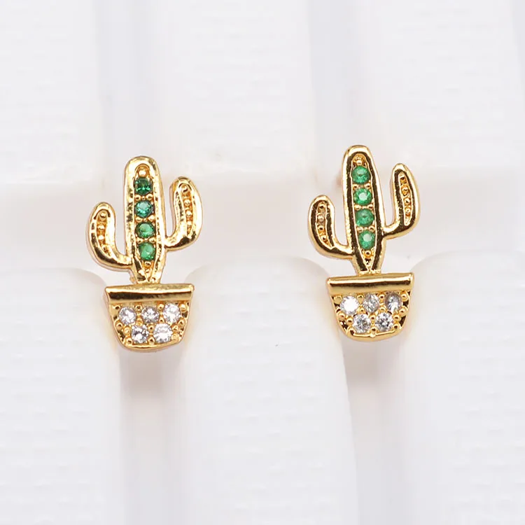 

EC1188 Dainty Gold Minimalist Cactus Earring Cubic Zirconia Pave Earrings for Women, Mini CZ Cactus Charm Earrings
