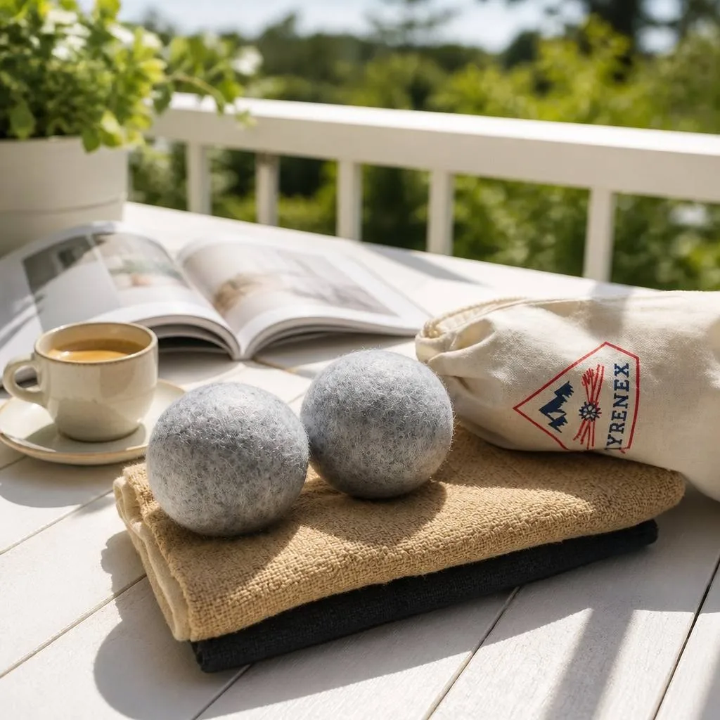 Wool dryer balls in a sunny balcony laundry lifestyle scene