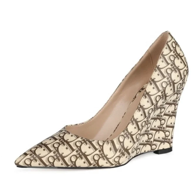 

Handmade High Quality Stiletto Shoes Women Sexy Pumps Wedge Heel Letter Print Women Dress Shoes Slip On Summer Fashion Plus Size, Black,apricot