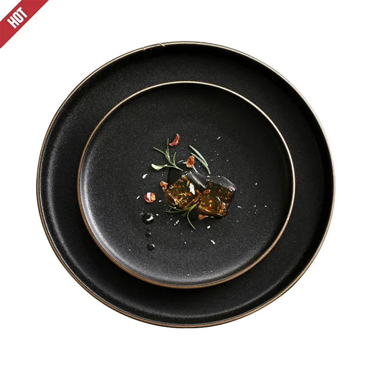 

Cheap Creative black gold rim round western salad steak plate dish for home hotel used
