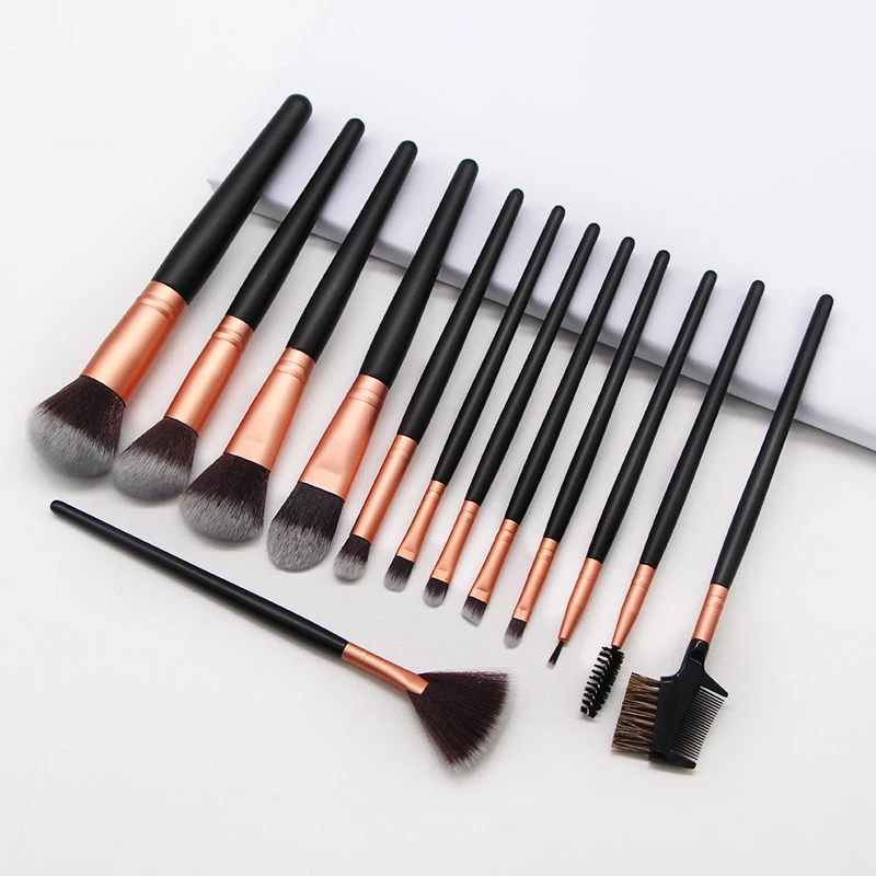 

BANFI 13pcs black wooden handle fan cosmetic brush set Brocha de maquillaje with PU bag private label makeup brush sets, Customized color