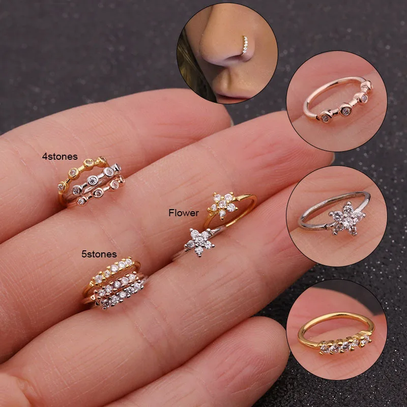 

1 piece Nose Piercing Body Jewelry Cz Nose Hoop Nostril Nose Ring Tiny Flower Helix Cartilage Tragus Ring, As the picture