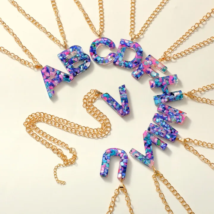 

Hot Selling Colorful Stone Resin Craft initial Letters 26 Alaphabet Charm Pendant necklace women jewelry, Colorful bling