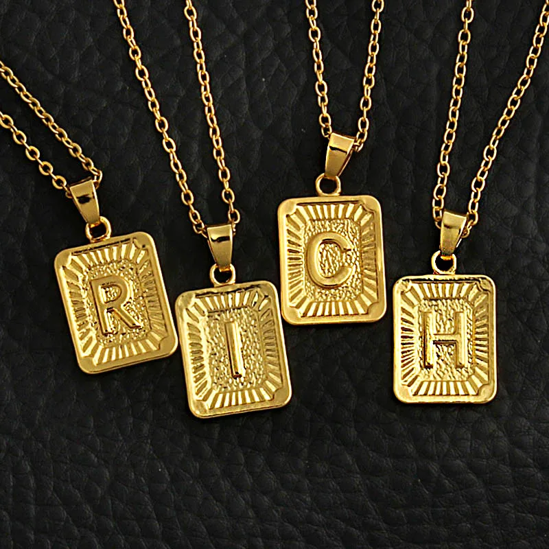 

America Hot Sale 18K Gold Plated Alphabet Pendant Necklaces Square Medal A To Z 26 Initial Letters Vintage Necklace For Sweater, Picture