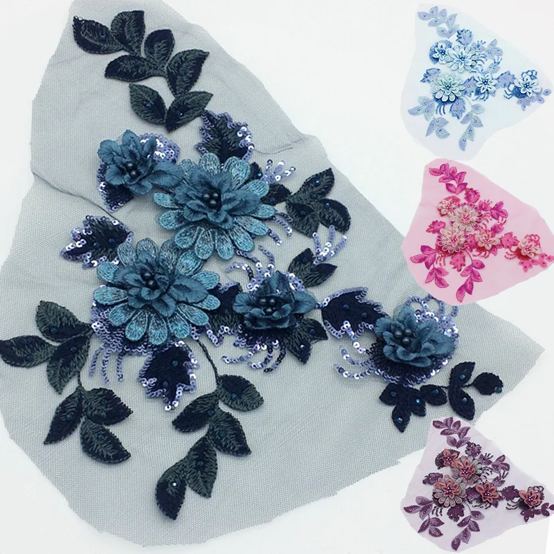 

DIY 3D Embroidery sequin beaded lace floral flower applique for wedding dress, Shown in pictures