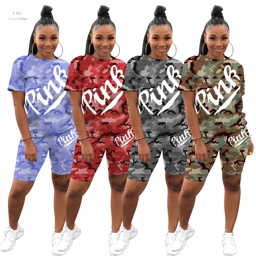 

Name Pink Brand Clothing For Women Two Piece Biker Short Set Camouflage Summer Two Piece Clothing, Picture