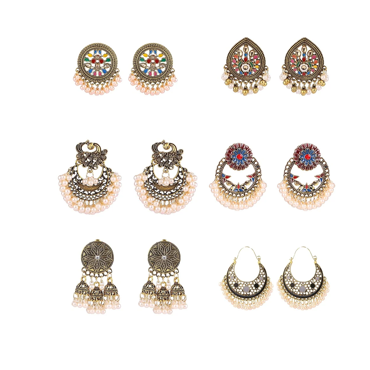

New Arrival Retro Court Style Sector Indian Jewelry Earrings Traditional Small Pearl Drop Jhumka Womans Earring Set, Gold/silver/black/blue/mix/green/pink