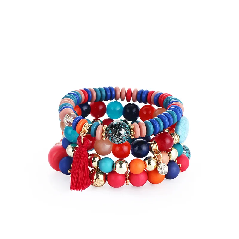 

Colorful Multilayer Beads Hand made Jewelry Ethnic Tassel Indian Turquoise Stone Stackable Bead Bracelet for women Summer Beach, As picture