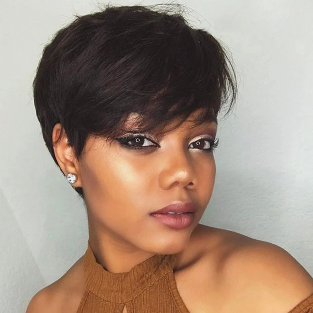 

Cheap Short Human Hair Wigs Pixie Cut Straight Brazilian Hair for Black Women Machine Made Highlight Color Cheap Glueless Wig