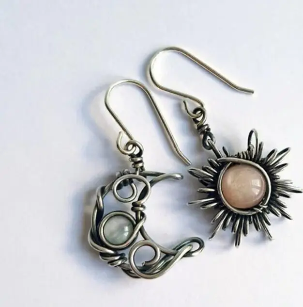 

Bohemian Winding Style Opal Vintage Moonstone Sun Moon Earrings, Gold , silver
