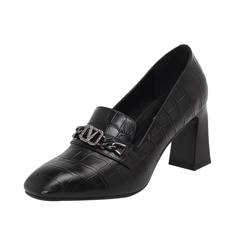 

K247 Cow leather square high heels handmade women shoes office ladies fashion pumps, Black/brown/blue