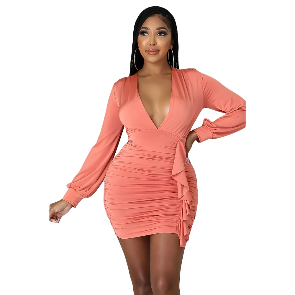 

Fashion Design Long Sleeve V Neck Bodycon Sexy Pleated Dresses Nightclub Women Hip Dress, 3 colors