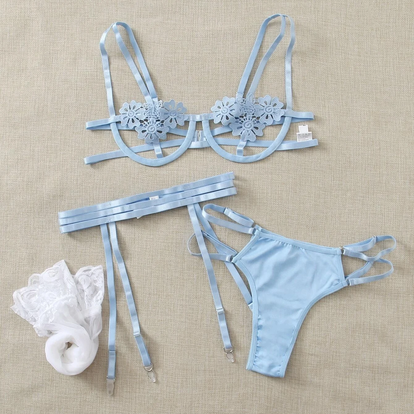

women's Sexy Embroidery Flower hollow bra suspender socks Mesh Stockings Cut-out Underwire Garter Lingerie Set, Burgundy /pastel, baby blue
