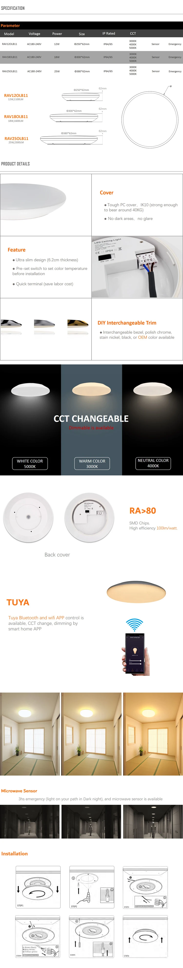 SAA approval CCT 12W Ceiling LED Oyster Light 250mm/ 300mm/380mm