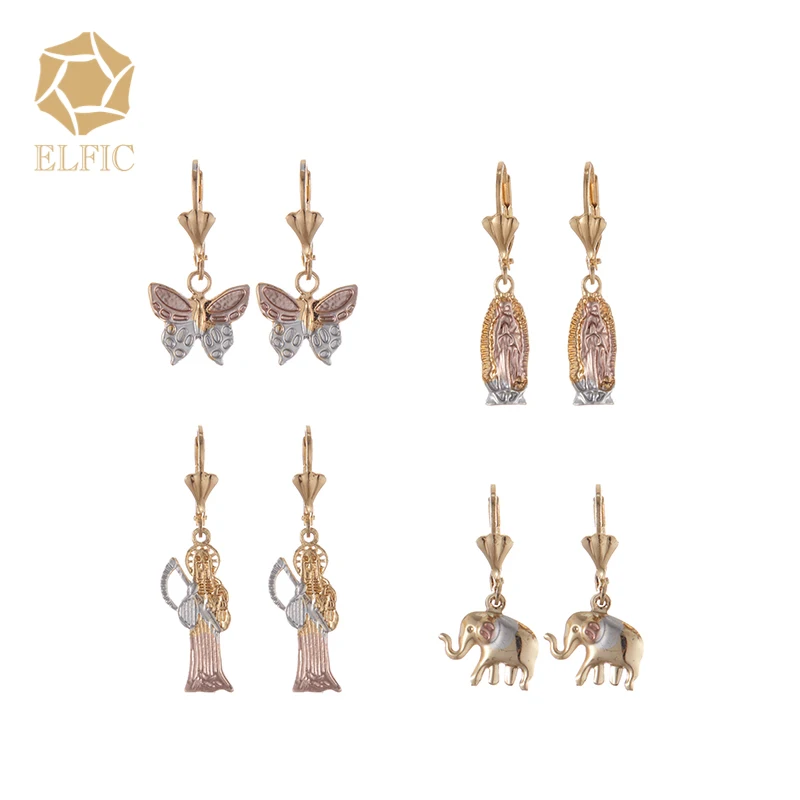 

Elfic High Quality Gold Plated 14k Jewelry Fashion Hoop Earrings Stud earrings San judas Virgin Mary Butterfly Elephant jewelry