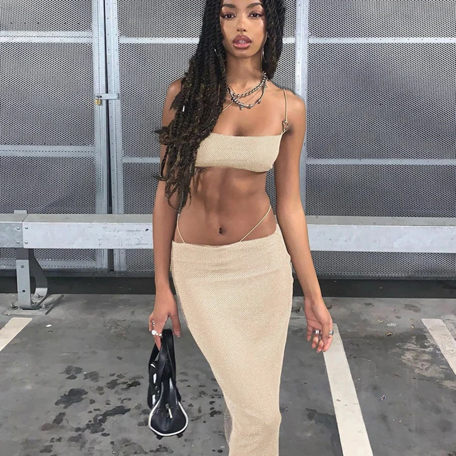 

Kliou K22S12295 Summer sexy women's casual suit Shoulder tight mesh vest+Maxi Hip Skirt 2 Piece set women, Picture