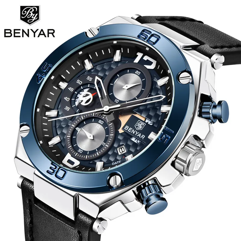 

BENYAR 5151 High Quality Quartz Chronograph Fashion Leather Multi-functional Man Water Resistant Watches, As picture