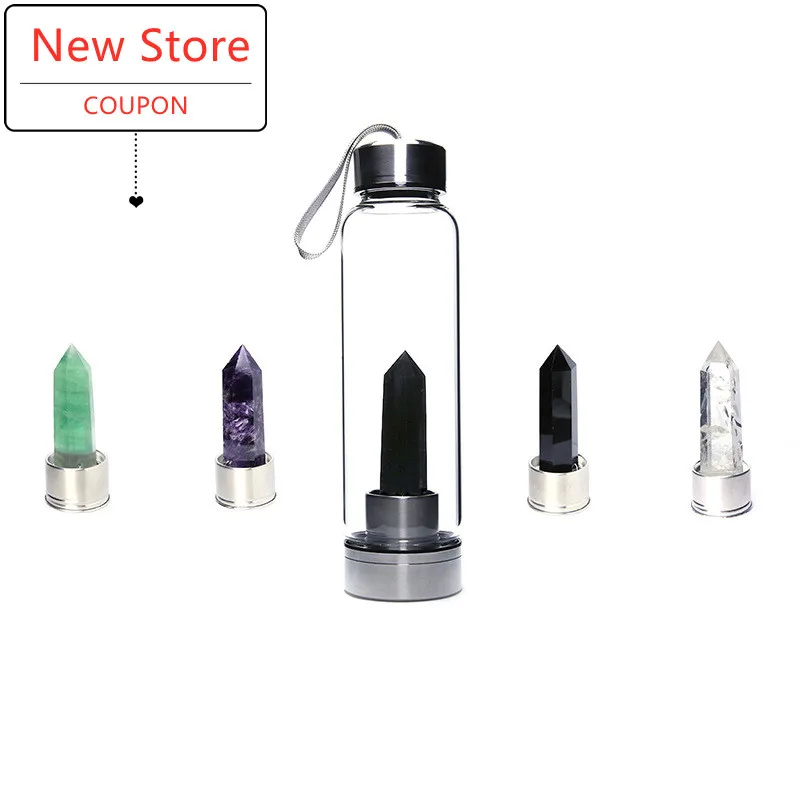 

500ml Custom printed high quality Elixir Amethyst quartz stones drinking bottle natural crystal glass water bottle with string, Customized color