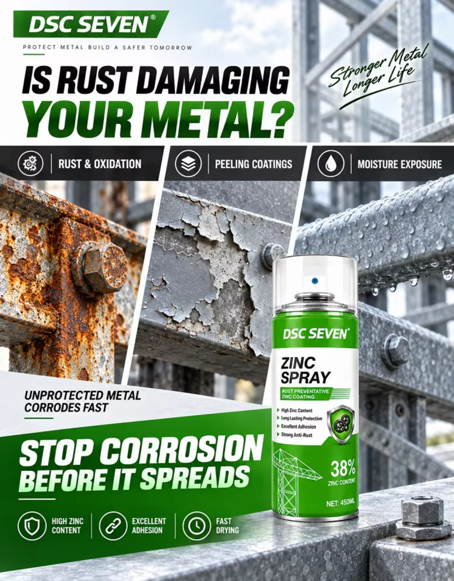 Zinc Rich Acrylic Anti-Rust Spray Paint for Boat Car Body Welded Joint Repair Cold Galvanizing Aerosol Silver Metal Coating