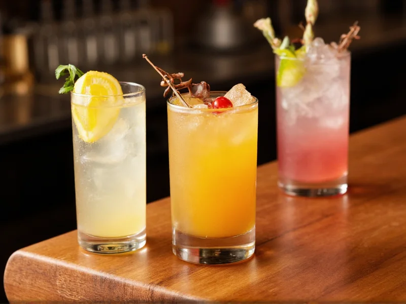Three craft cocktails with unique garnishes on wooden bar