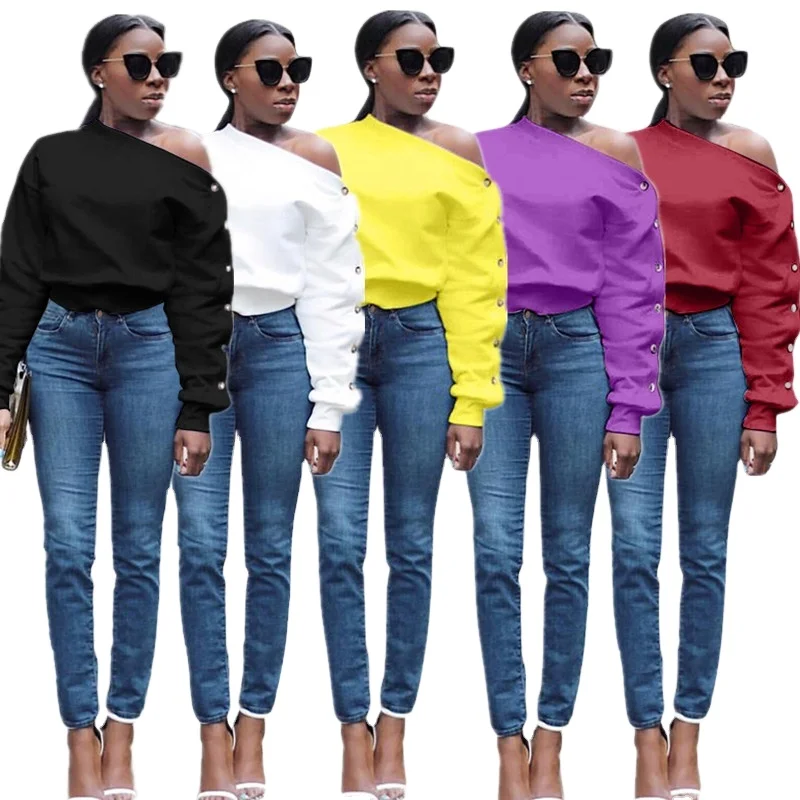 

Autumn new hot sale oblique off shoulder sweatshirt tops for ladies personality buttoned sleeves woman sexy sweaters, As picture or customized make