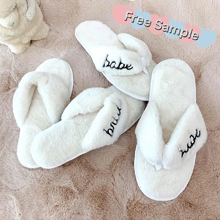 

Custom Embroidery Bridal Gift Cute Bedroom Bride Fluffy Fur Slides Slippers Wedding Bridesmaid