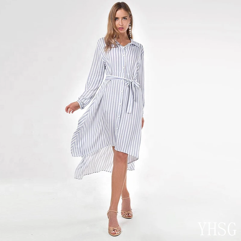 

YHSG543 Casual front short back long regular sleeve buttoned bandaged cotton white and gray striped shirt dress