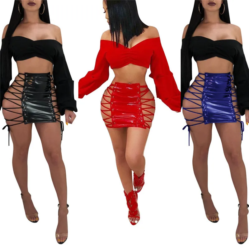 

B30183A 2018 Latest lace-up design patent leather shining PU sexy skirt, Shown