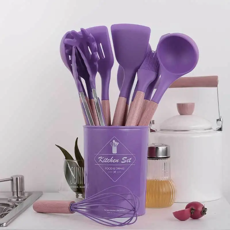 

FACTORY wholesale purple 8 colors 12 pcs wooden handle silicone kitchen cooking utensils set