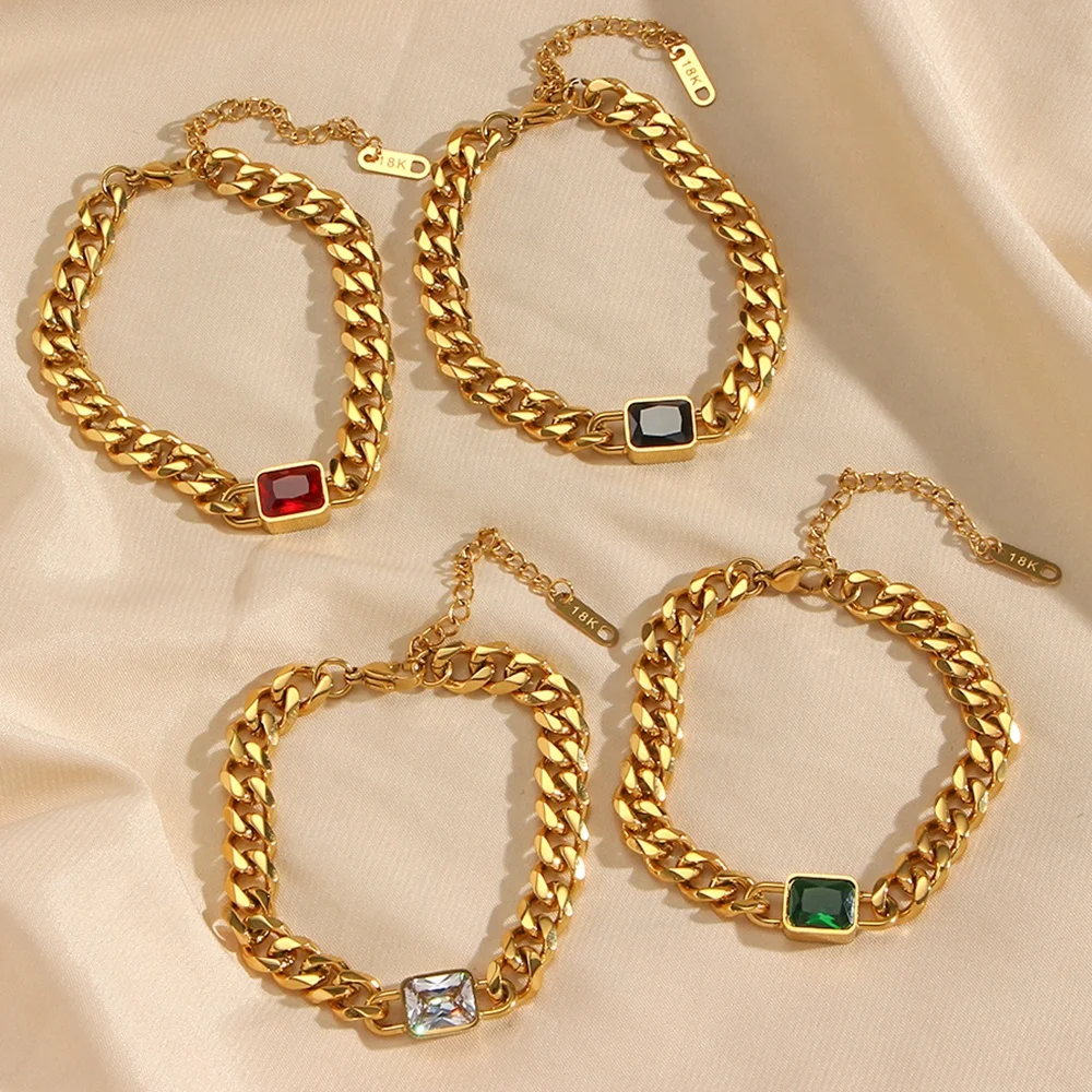 Chunky Colorful Zircon Bracelet 2023 Stainless Steel Gold Plated Cuban Link Chain Bracelet Women