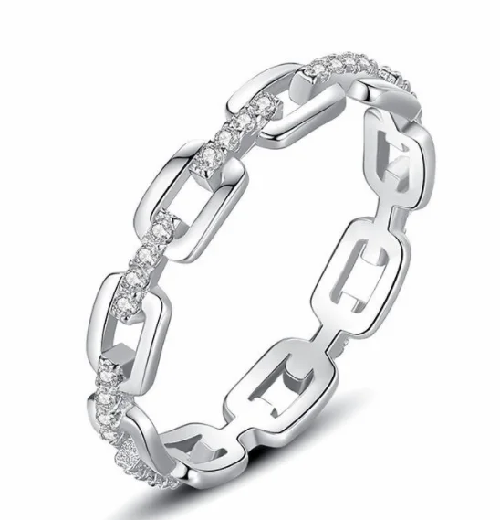 

Fashion 925 Sterling Silver Hip Hop Diamond Inlaid Finger Rings Hollow Pave Cubic Zirconia Cable Chain Rings