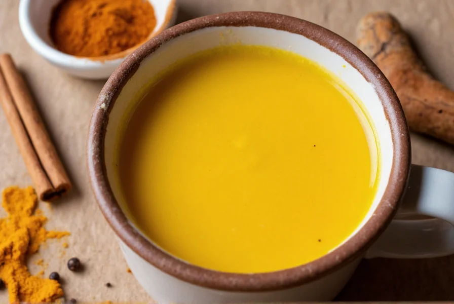Golden milk in a mug with turmeric, cinnamon stick, and black pepper visible