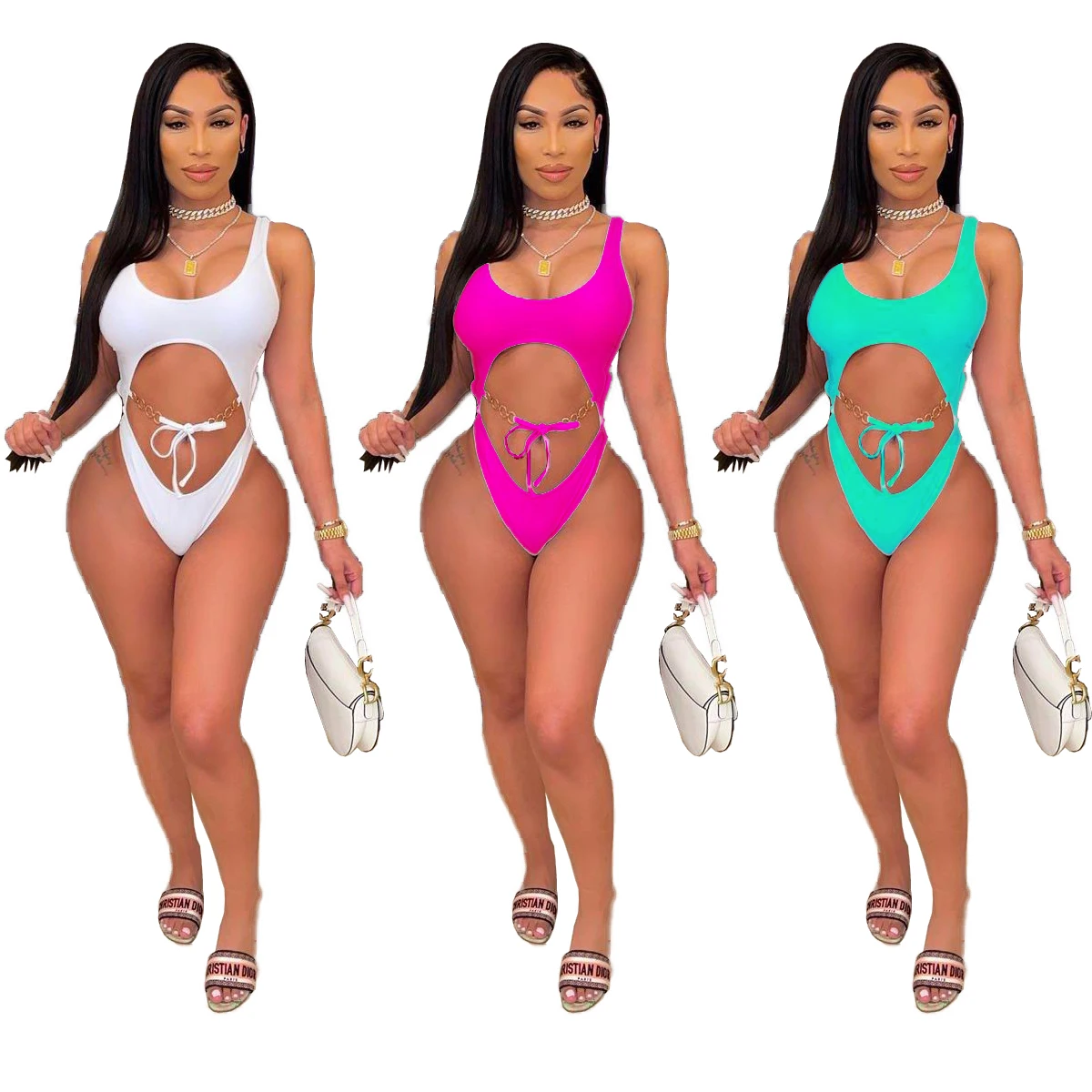 

2021 Hollow out Trendy Sexy Bikini Swimwear Swimsuit Bandage One Piece Swimwear Woman, Green, rose, white