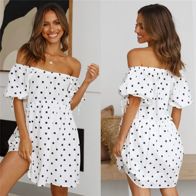

2021 summer strapless retro bubble short sleeve polka dot print dress, Picture color