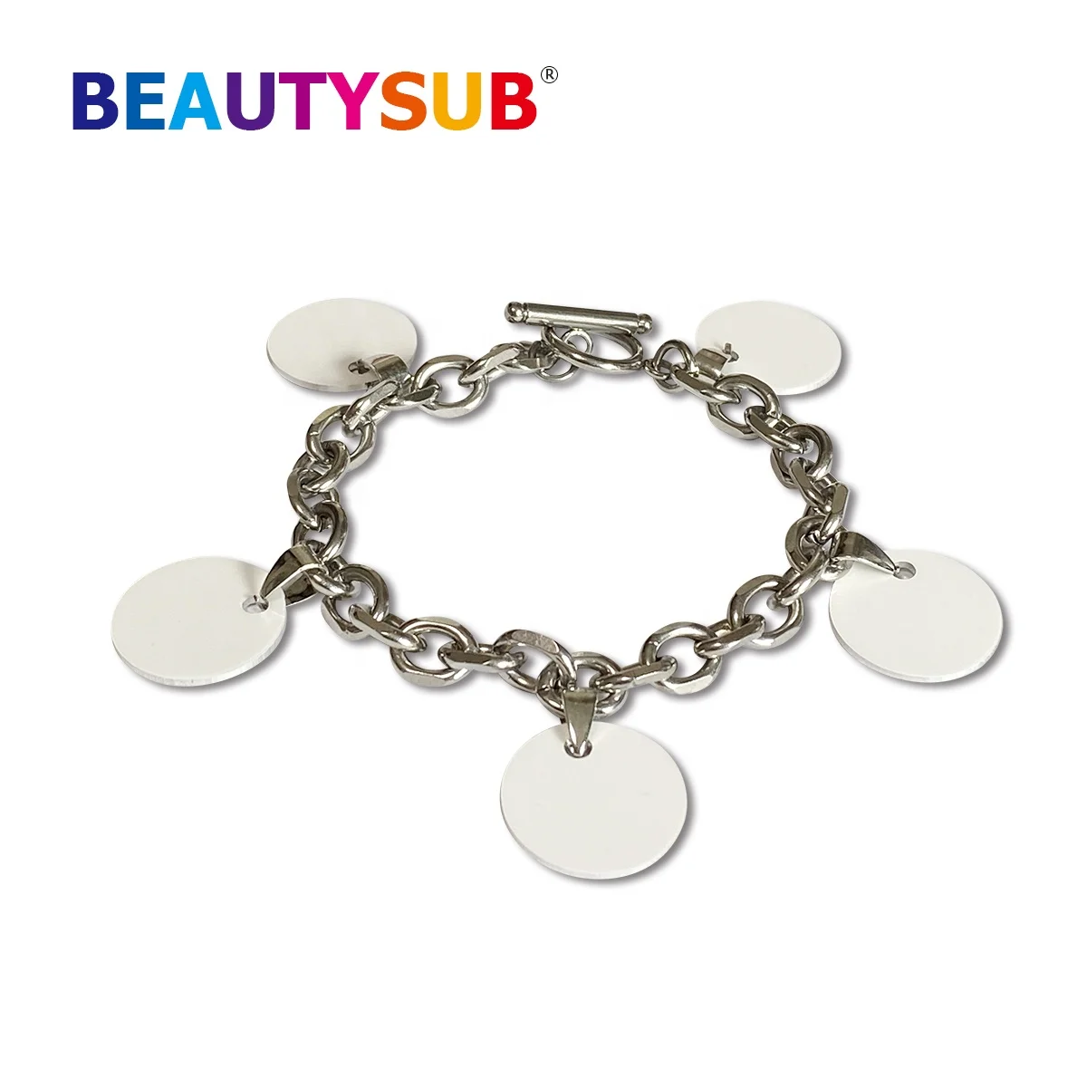 

LS-CB001 HD sublimation Aluminum Circle charm & Bracelet sublimatable metal bracelet blank gloss white for custom photo printing, Gloss white, matte white, gloss silver, matte silver.