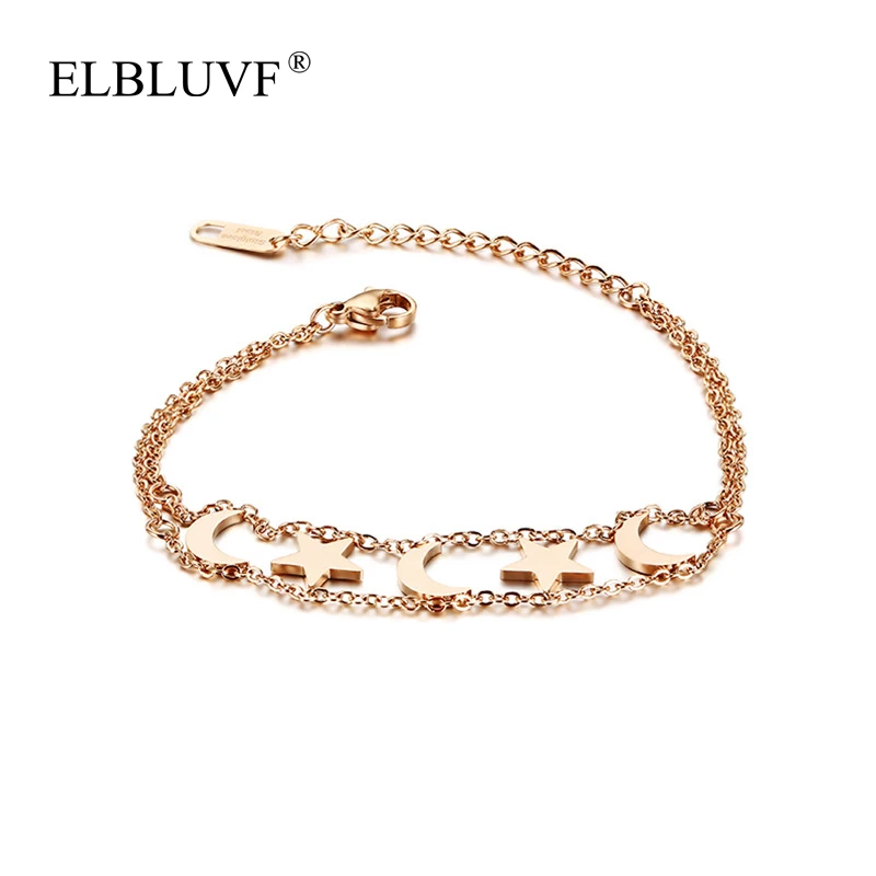 

ELBLUVF 2020 New Korean Style Stainless Steel Gold Rose Gold Plated Star And Moon Bracelets For Women, Silver/gold/rose gold