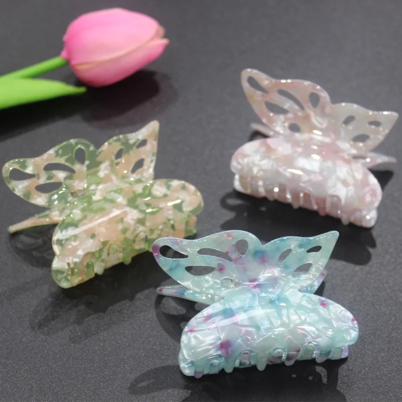 Eco-friendly Acetate Material Pink Butterfly Hair Claw Fashion Design Hollow out Butterfly Shaped Women Hair Claw Clips