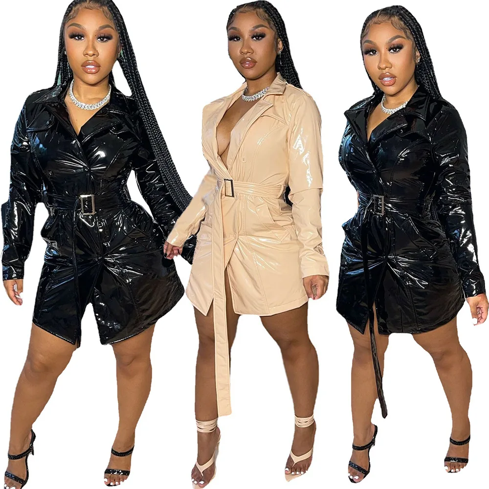 

Trending Fall Winter Long Sleeved Thick Pu Leather Jacket With Belt Fashion Cardigan Long Trench Coat Women, Picture color