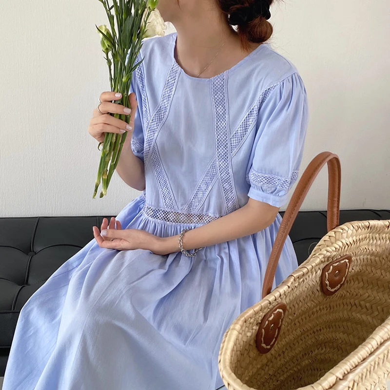 

Wholesale 2021 South Korea Chic Summer Retro O-NECK Cutout Lace Splicing Loose Bubble Sleeve Comfort Women Dress