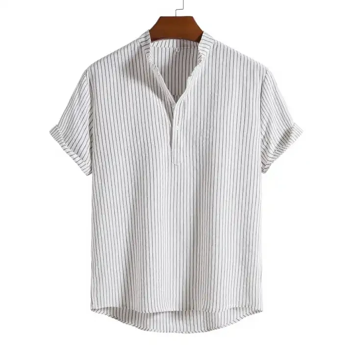 XS-XXL New Men's Standing Neck Striped Short Sleeve Shirt Loose Large Shirt