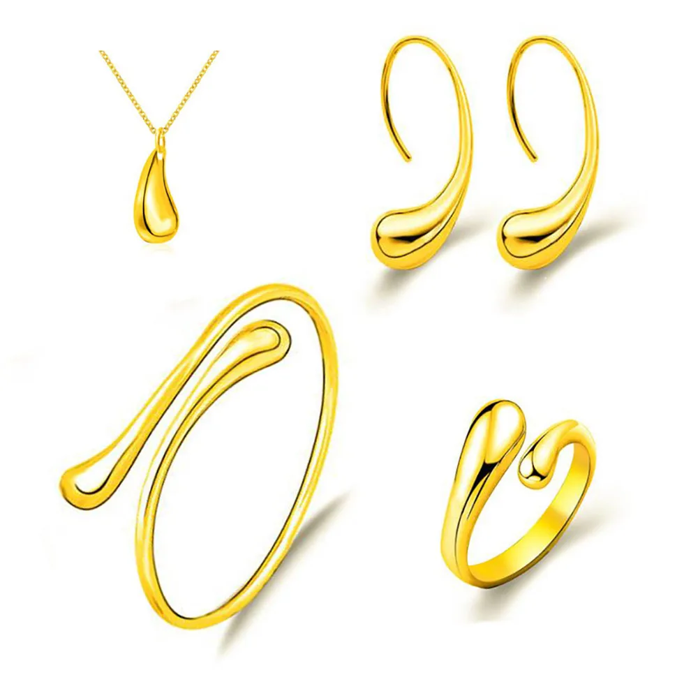

Girls four-piece teardrop water drop fashion gold plated earrings ring bracelet necklace gold women jewelry sets, Gold, steel