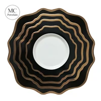 

MC customized cheap English style Ceramic Dinnerware Set restaurant dinner plates black gold rim porcelain dishes and plates