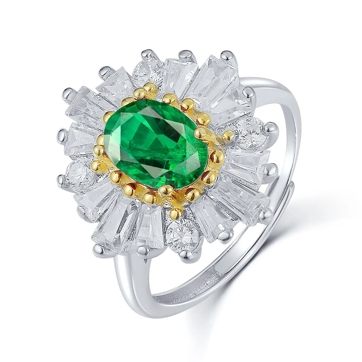 

sterling silver Two Tone gold plated Adjustable Ring OV 1.25ct Emerald ring in 925 sterling silver Emerald & White CZ Ring