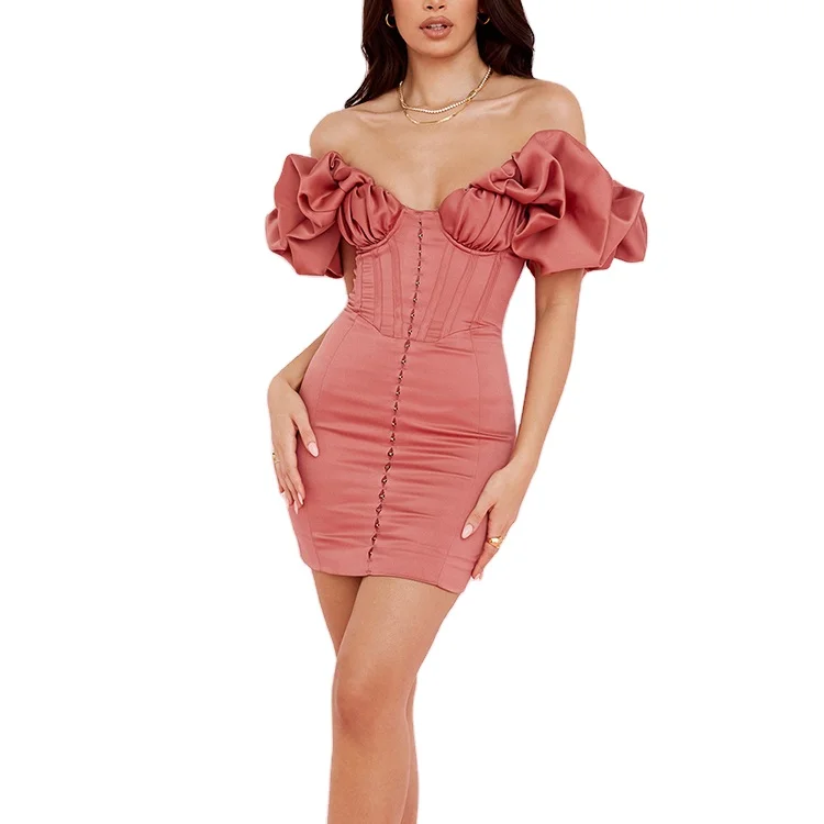 

wholesale Summer 2 Layers Satin Boning Corset Off Shoulder Short Sleeve Elegant Spring Casual Dresses For Women Trendy