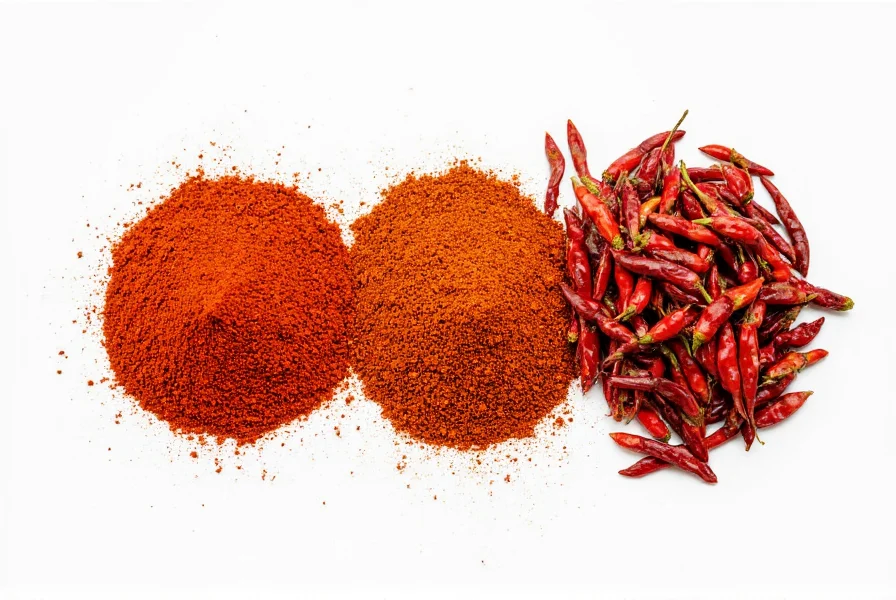 Close-up comparison of red pepper flakes alternatives including cayenne, paprika, and dried chilies arranged on white background